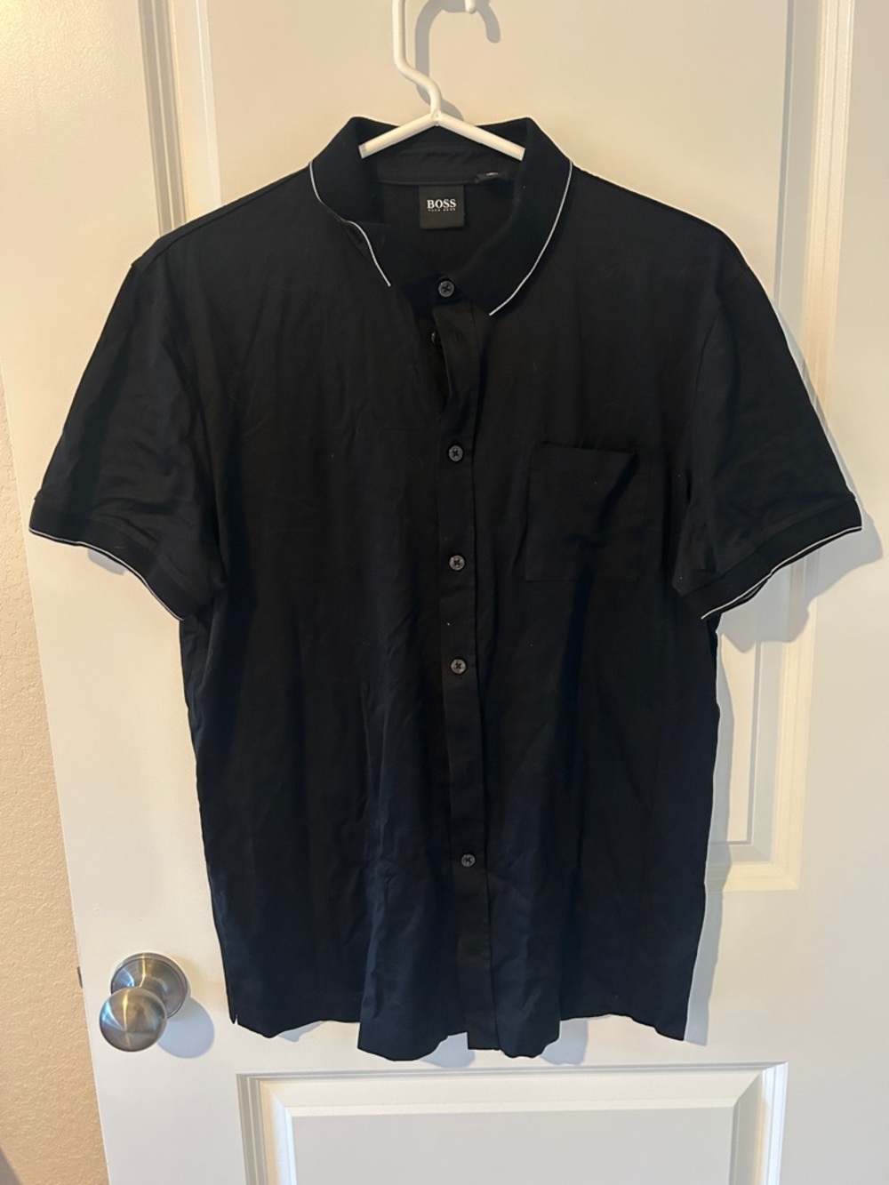 BOSS Black Short-Sleeve Button-Down Shirt with White Piping